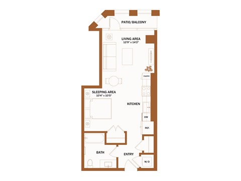 A floor plan of a home with a living area, sleeping area, kitchen, bath, and entry.